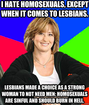 I hate homosexuals, except when it comes to lesbians. Lesbians made a choice as a strong woman to not need men; Homosexuals are sinful and should burn in hell.  Sheltering Suburban Mom