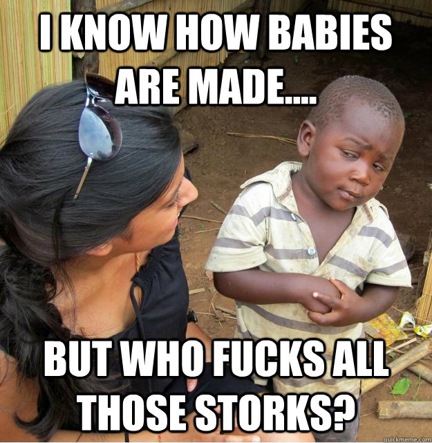 I know how babies are made.... But who fucks all those storks?  Skeptical Third World Kid