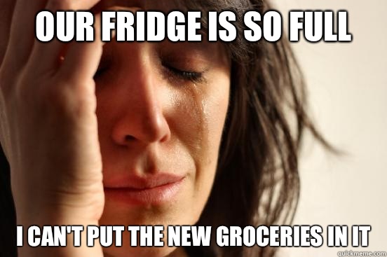 Our fridge is so full I can't put the new groceries in it - Our fridge is so full I can't put the new groceries in it  First World Problems