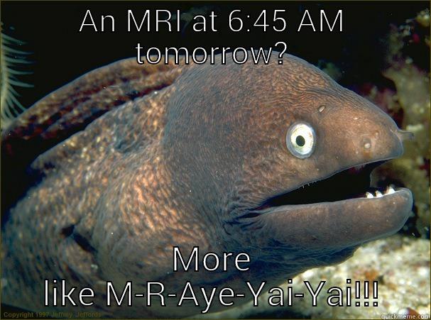 MRI aye - AN MRI AT 6:45 AM TOMORROW? MORE LIKE M-R-AYE-YAI-YAI!!! Bad Joke Eel