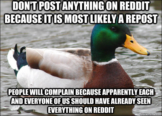 Don't post anything on reddit because it is most likely a repost People will complain because apparently each and everyone of us should have already seen everything on reddit  Actual Advice Mallard