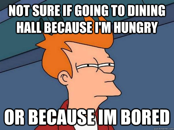 Not sure if going to dining hall because I'm hungry or because im bored  Futurama Fry