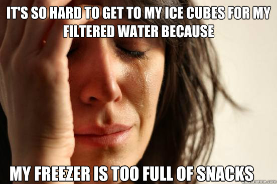it's so hard to get to my ice cubes for my filtered water because  my freezer is too full of snacks
   First World Problems