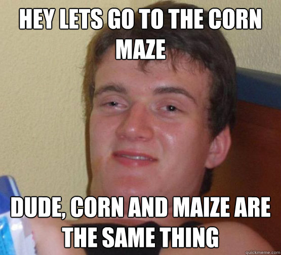 Hey lets go to the corn maze dude, corn and maize are the same thing  high meme stoned