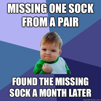Missing one sock from a pair Found the missing sock a month later  Success Kid