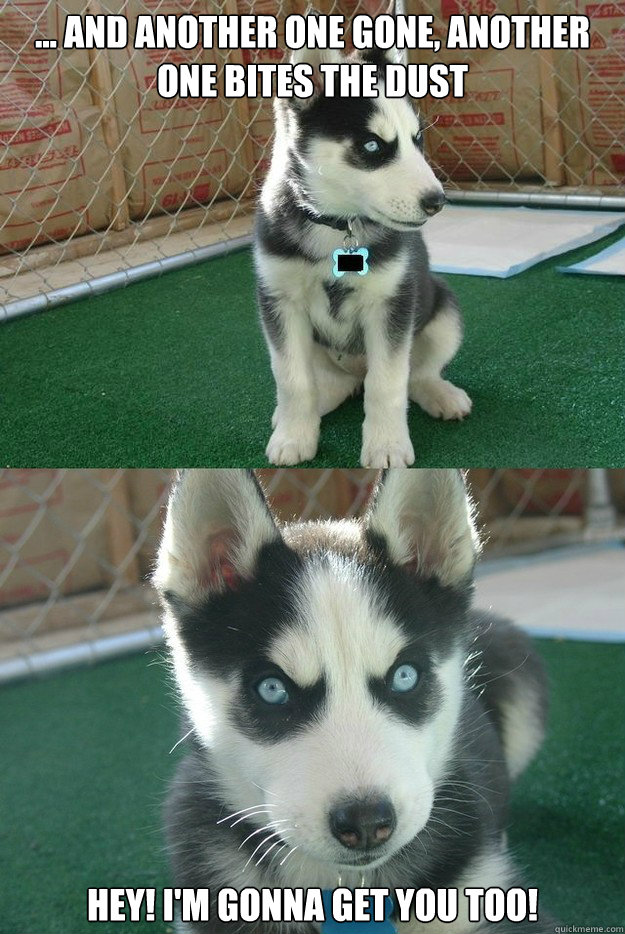 ... and another one gone, another one bites the dust hey! i'm gonna get you too!  Insanity puppy