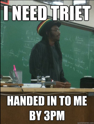I need Triet Handed in to me by 3pm - I need Triet Handed in to me by 3pm  Rasta Science Teacher