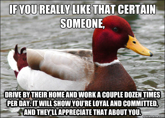 If you really like that certain someone,
 Drive by their home and work a couple dozen times per day. It will show you're loyal and committed, and they'll appreciate that about you. - If you really like that certain someone,
 Drive by their home and work a couple dozen times per day. It will show you're loyal and committed, and they'll appreciate that about you.  Malicious Advice Mallard