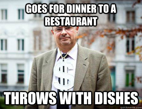 GOES FOR DINNER TO A RESTAURANT THROWS WITH DISHES   Marc De Clercq