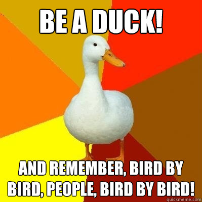 Be a duck! And remember, bird by bird, people, bird by bird!  Tech Impaired Duck