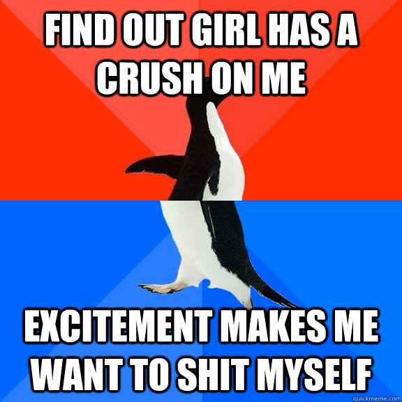 FIND out girl has a crush on me excitement makes me want to shit myself  Socially Awesome Awkward Penguin