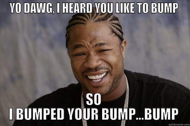 YO DAWG, I HEARD YOU LIKE TO BUMP SO I BUMPED YOUR BUMP...BUMP Xzibit meme