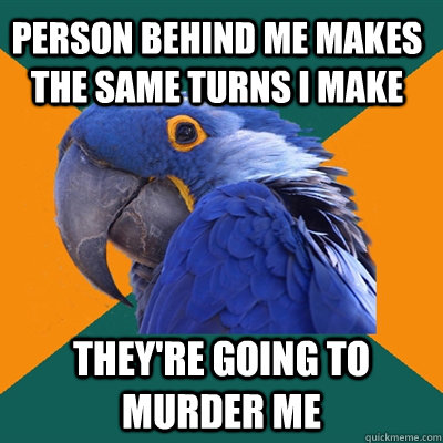 Person behind me makes the same turns I make They're going to murder me - Person behind me makes the same turns I make They're going to murder me  Paranoid Parrot