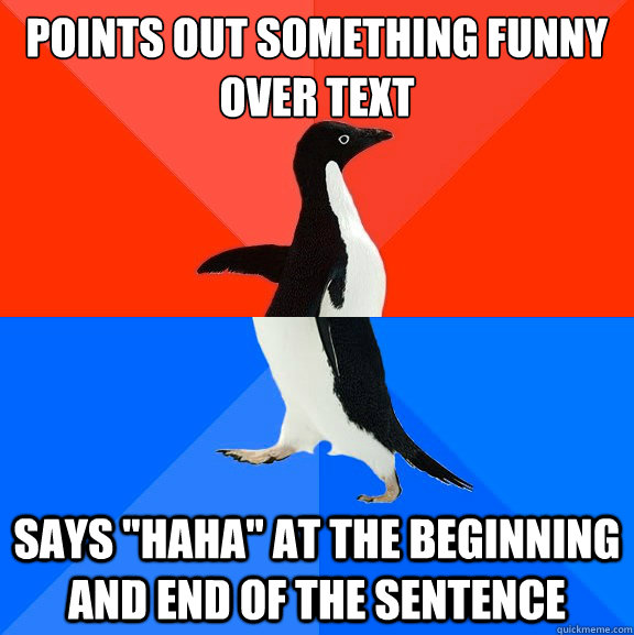 Points out something funny over text Says 