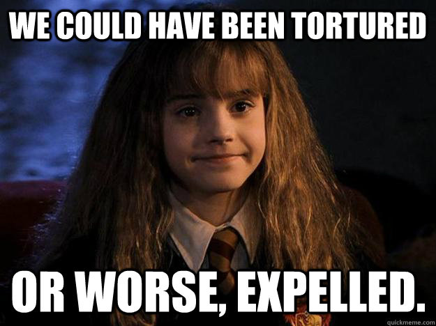 We could have been tortured or worse, expelled. - We could have been tortured or worse, expelled.  Hermione Priorities