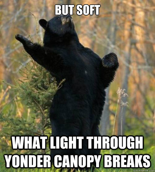 But Soft What light through yonder canopy breaks   Shakesbear