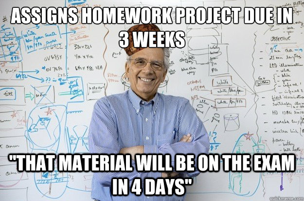 Assigns homework project due in 3 weeks 