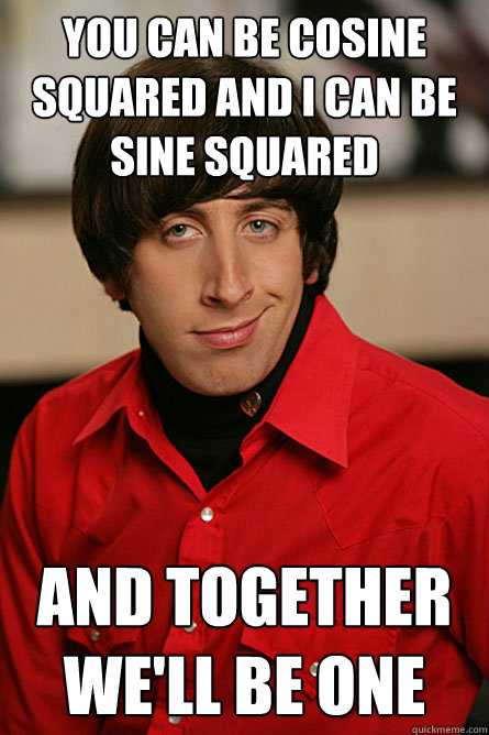 You can be cosine squared And i can be sine squared And together we'll be one  Pickup Line Scientist