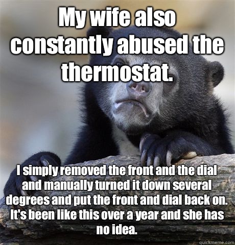 My wife also constantly abused the thermostat.  I simply removed the front and the dial and manually turned it down several degrees and put the front and dial back on. It's been like this over a year and she has no idea.   Confession Bear