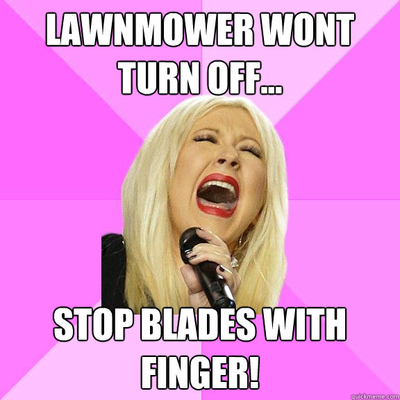 Lawnmower wont turn off... Stop blades with finger!  Wrong Lyrics Christina