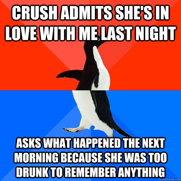Crush admits she's in love with me last night asks what happened the next morning because she was too drunk to remember anything  Socially Awesome Awkward Penguin