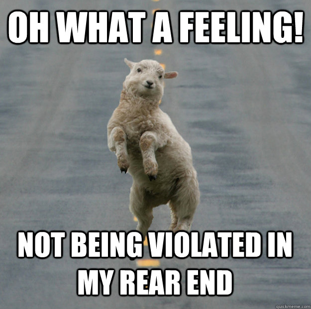 oh what a feeling! not being violated in my rear end  - oh what a feeling! not being violated in my rear end   happy skipping sheep