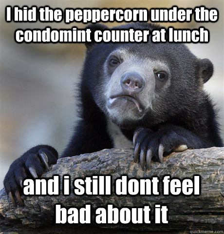 I hid the peppercorn under the condomint counter at lunch and i still dont feel bad about it  Confession Bear