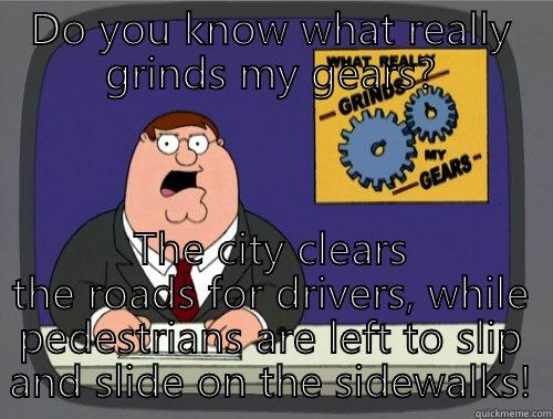 DO YOU KNOW WHAT REALLY GRINDS MY GEARS? THE CITY CLEARS THE ROADS FOR DRIVERS, WHILE PEDESTRIANS ARE LEFT TO SLIP AND SLIDE ON THE SIDEWALKS! Grinds my gears