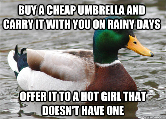 buy a cheap umbrella and carry it with you on rainy days Offer it to a hot girl that doesn't have one - buy a cheap umbrella and carry it with you on rainy days Offer it to a hot girl that doesn't have one  Actual Advice Mallard