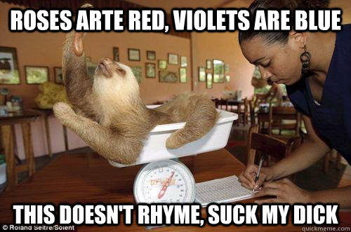 Roses arte red, violets are blue This doesn't rhyme, suck my dick  Dramatic Sloth