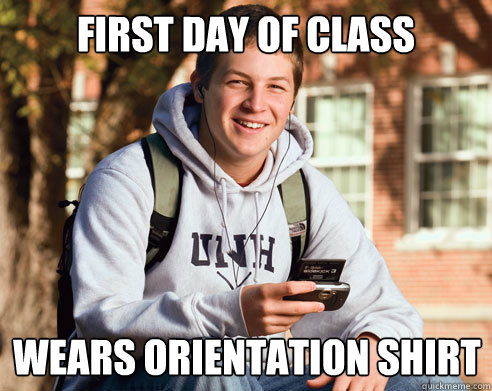 first day of class wears orientation shirt  College Freshman