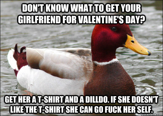 Don't know what to get your girlfriend for valentine's day?  Get her a t-shirt and A dilldo. If she doesn't like the t-shirt she can go fuck her self.  Malicious Advice Mallard