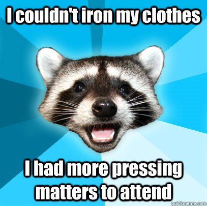 I couldn't iron my clothes I had more pressing matters to attend  Lame Pun Coon