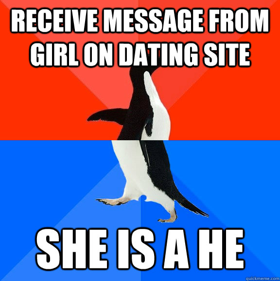receive message from girl on dating site she is a he  Socially Awesome Awkward Penguin