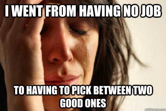 I went from having no job to having to pick between two good ones  First World Problems