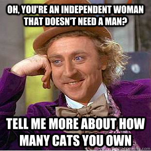 Oh, you're an independent woman that doesn't need a man? tell me more about how many cats you own  Condescending Wonka