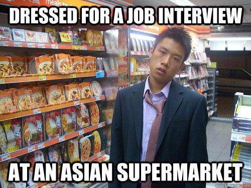 Dressed for a job interview at an asian supermarket  Disenchanted Young Professional