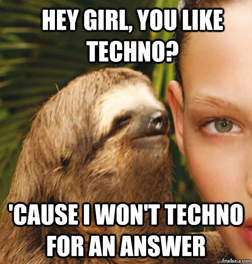 hey girl, you like techno? 'cause i won't techno for an answer  rape sloth