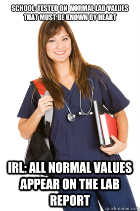 School: Tested on  normal lab values that must be known by heart IRL: all normal values appear on the lab report - School: Tested on  normal lab values that must be known by heart IRL: all normal values appear on the lab report  Nursing Student