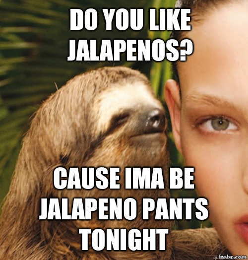 Do you like jalapenos? Cause Ima be jalapeno pants tonight  rape sloth