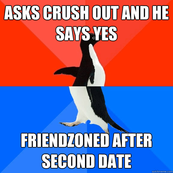 Asks crush out and he says yes Friendzoned after second date  Socially Awesome Awkward Penguin