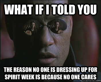 what if i told you the reason no one is dressing up for spirit week is because no one cares  Morpheus SC