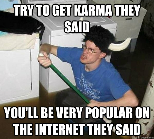 Try to get Karma they said you'll be very popular on the internet they said  they said2