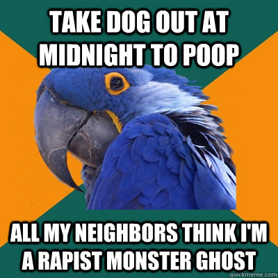 Take dog out at midnight to poop all my neighbors think i'm a rapist monster ghost  Paranoid Parrot