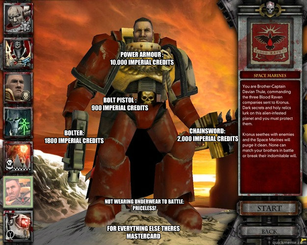 Chainsword:   
 2,000 Imperial credits Bolt Pistol :                                                900 Imperial credits Power Armour :                                 10,000 Imperial credits Not Wearing underwear to battle: PRICELESS! For everything else  Space Marine