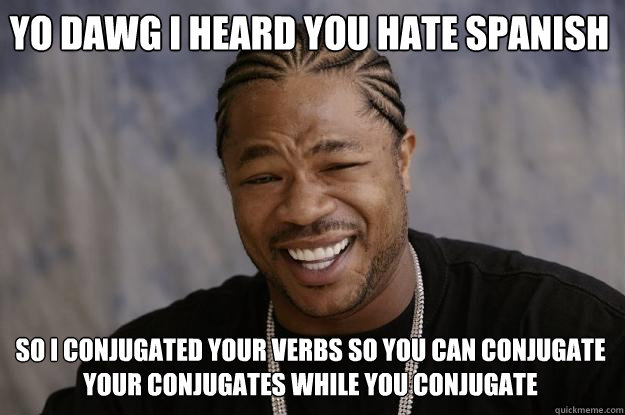 yo dawg i heard you hate spanish so i conjugated your verbs so you can conjugate your conjugates while you conjugate  Xzibit meme