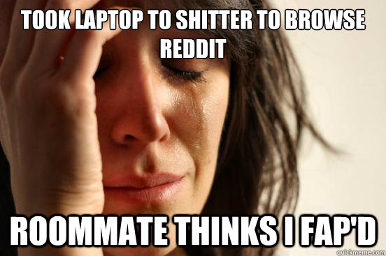 Took laptop to shitter to browse reddit Roommate thinks I fap'd  First World Problems