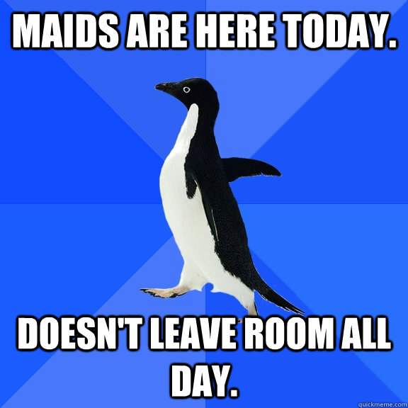 Maids are here today. Doesn't leave room all day.  Socially Awkward Penguin