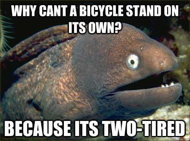 Why cant a bicycle stand on its own? because its two-tired  Bad Joke Eel