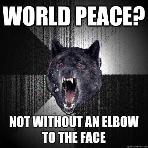 WORLD PEACE? Not without an elbow to the face  Insanity Wolf